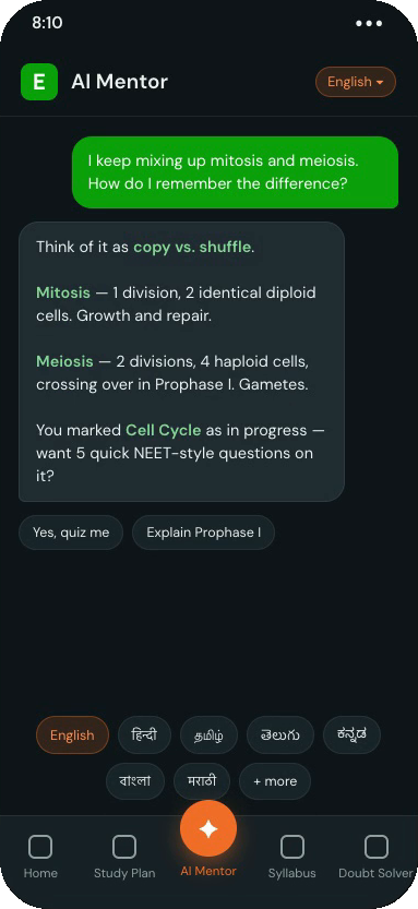 Eductate on a phone: AI Mentor explaining the difference between mitosis and meiosis and offering NEET-style practice questions.