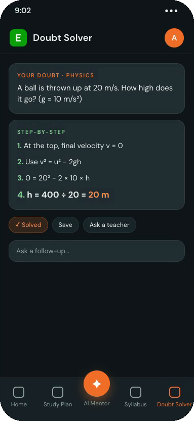 Eductate on a phone: Doubt Solver working through a projectile question step by step, with Solved, Save and Ask a teacher options.