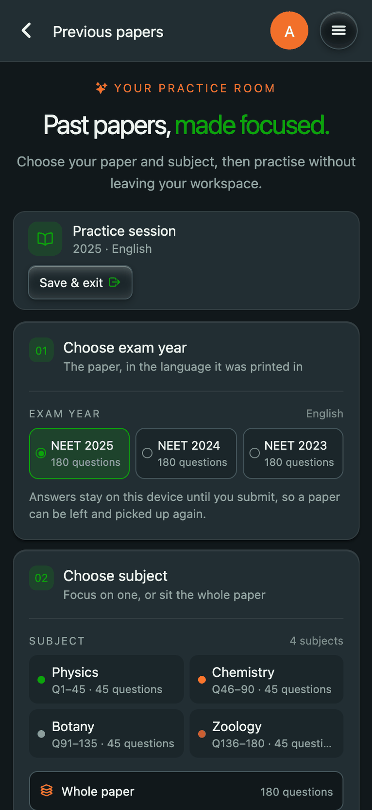 Eductate on a phone: previous-year papers — NEET 2025, 2024 and 2023 papers of 180 questions each, and the 2025 paper's subjects: Physics, Chemistry, Botany and Zoology.