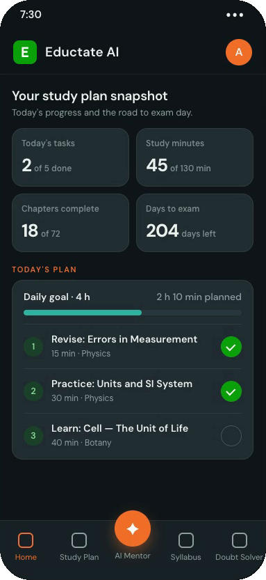 Eductate on a phone: the study plan snapshot with today's tasks, study minutes, chapters complete and days to exam, and today's plan against a 4-hour daily goal.